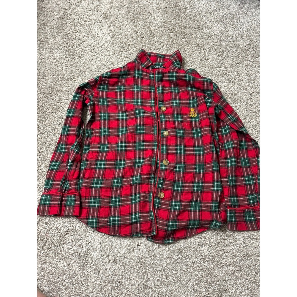 Lauren Ralph Lauren Red Plaid Flannel Pajama Top Monogram Crest Small